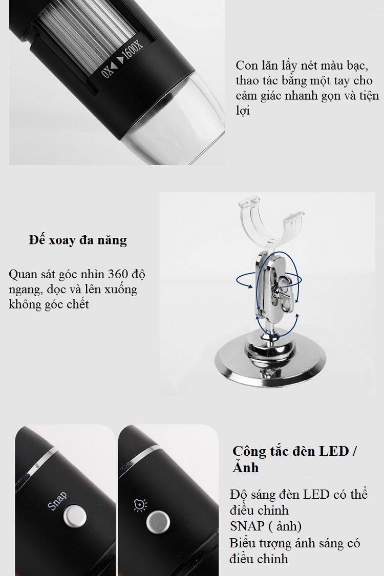 Kính hiển vi điện tử 50 ~ 1600X kết nối máy tính ~ ( Tặng 01 đèn pin mini trợ sáng màu ngẫu nhiên )