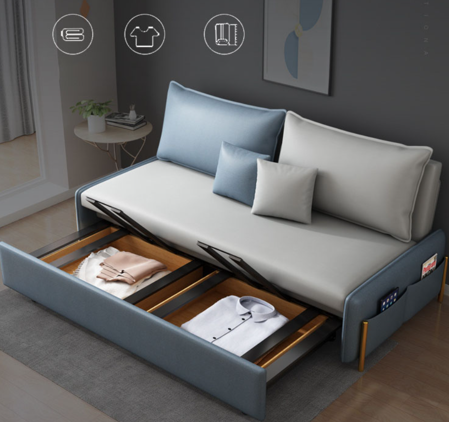 Sofa giường đa năng hộc kéo HGK-02 ngăn chứa đồ tiện dụng Tundo KT 1m8 phối màu xám xanh