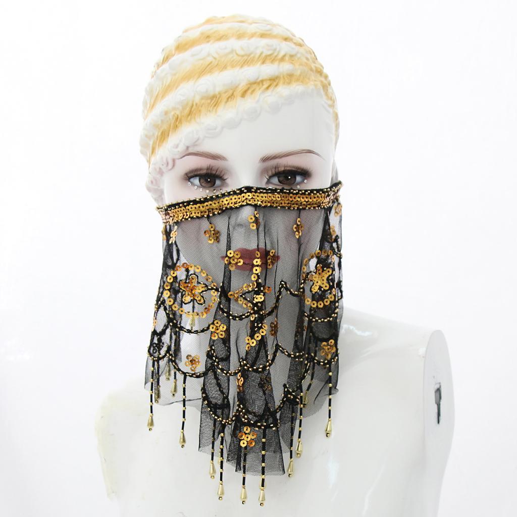 2 pieces Lady Belly Dance Beaded Sequins Face Halloween Costume Accessory
