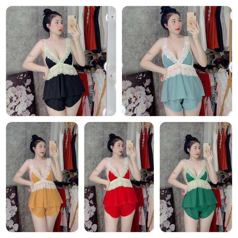 MS04-Đồ Ngủ Lụa 2 Dây Nữ, Bộ Ngủ SEXY Nữ, lụa 100d phối ren, Freesize &lt; 58kg