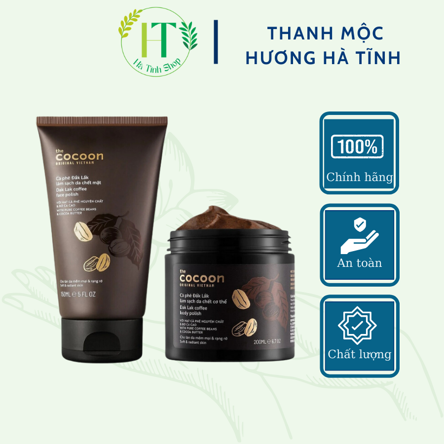 Combo tẩy da chết cà phê Đắk Lắk Cocoon dành cho da mặt 150ml và body 200ml - Thanh Mộc Hương Hà Tĩnh