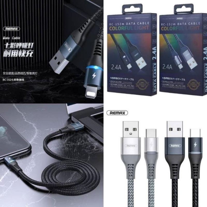 Cáp sạc nhanh Remax RC-152a USB Type-C 2.4A và truyền dữ liệu dùng cho samsung, Xiaomi, Oppo, Vivo, Realme, Poco,..  có báo đèn led- Hàng chính hãng