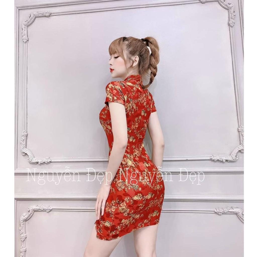 Đầm đỏ sườn xám hoa mai xịn xò