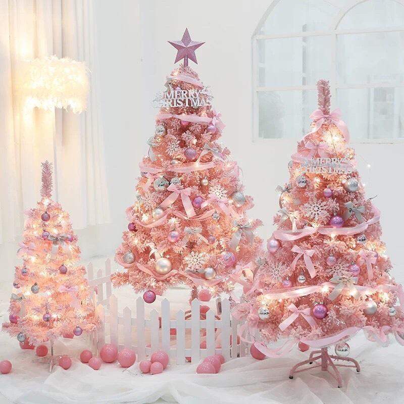Cây thông Noel màu hồng mini để bàn 60cm kèm đầy đủ phụ kiện trang trí Noel ngày giáng sinh