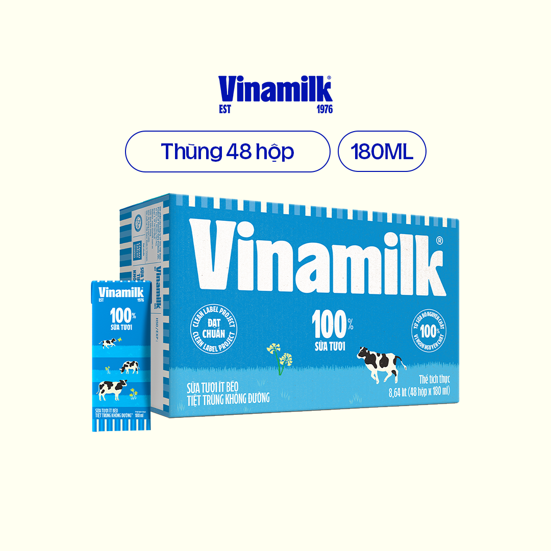 Sữa tươi tiệt trùng ít béo không đường Vinamilk - Thùng 48 hộp 180ml