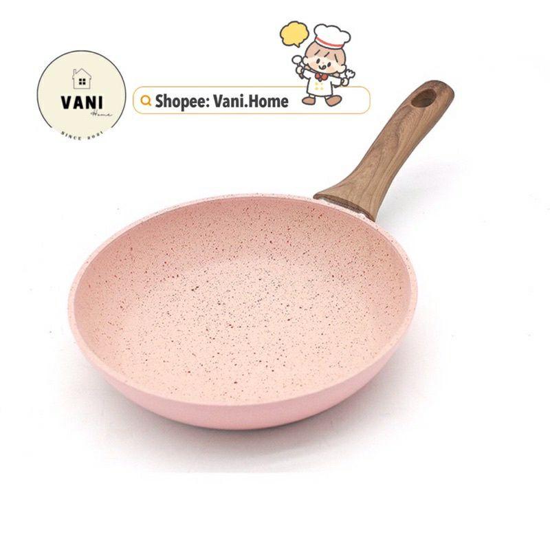 Chảo chống dính cao cấp 16cm vân đá hoa cương - Chảo chiên trứng làm trứng cuộn lúa mạch tay cầm gỗ dài size nhỏ