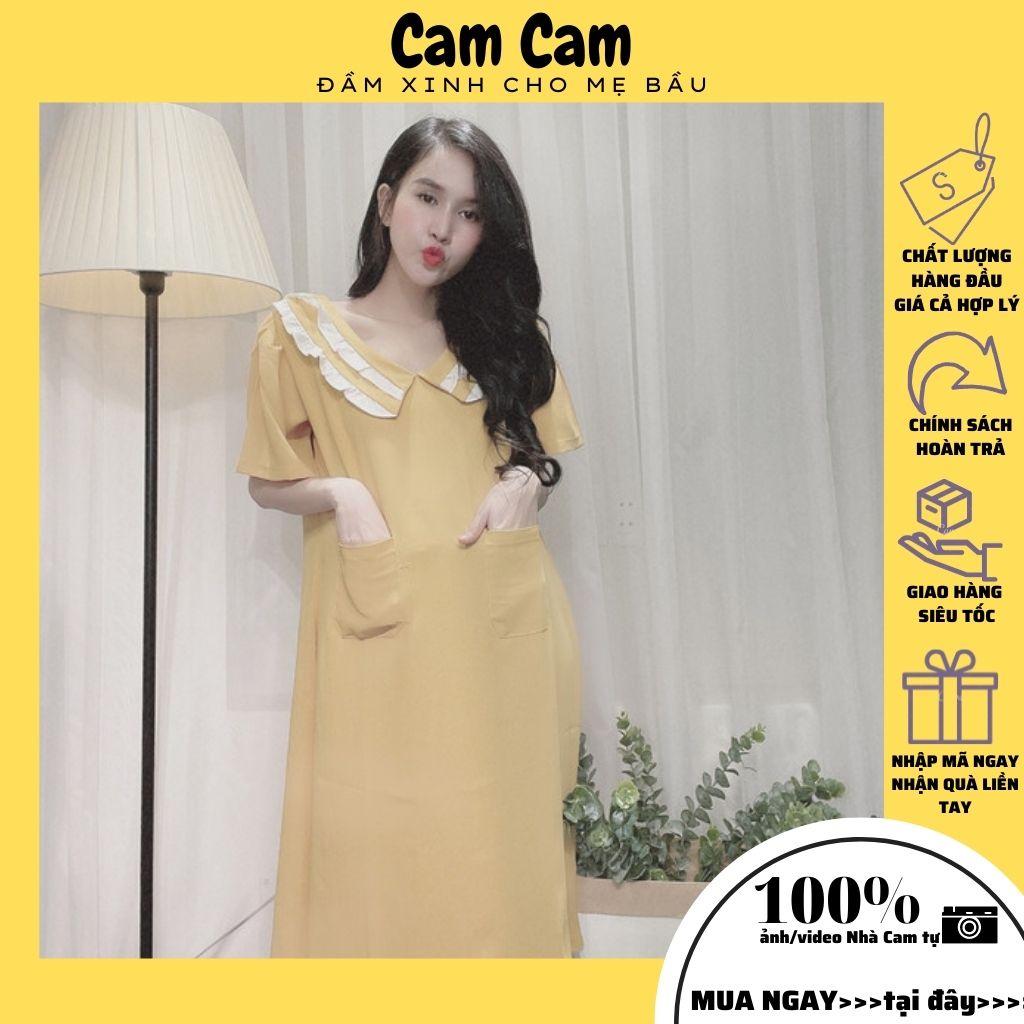 Đầm bầu xinh - Váy bầu công sở lụa hàn vàng, 2 túi trước, dễ thương, thoáng mát, mã ĐB1004