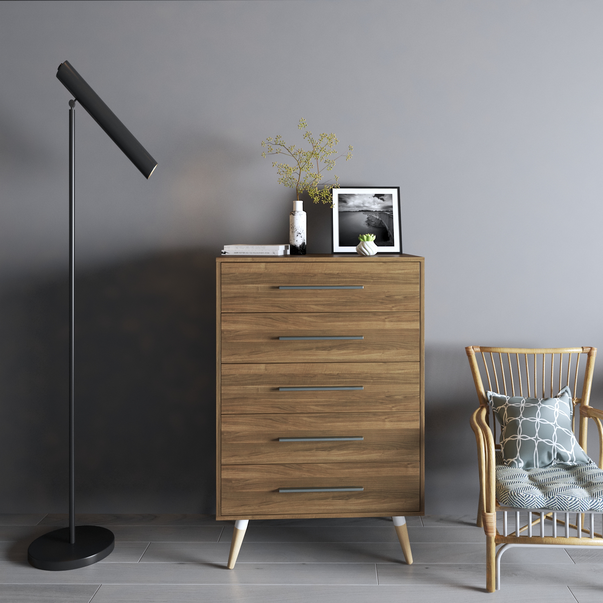 OSRI, Tủ đụng đồ 5 ngăn - chân gỗ chéo , 80cm x 50cm x 120cm , THK_023