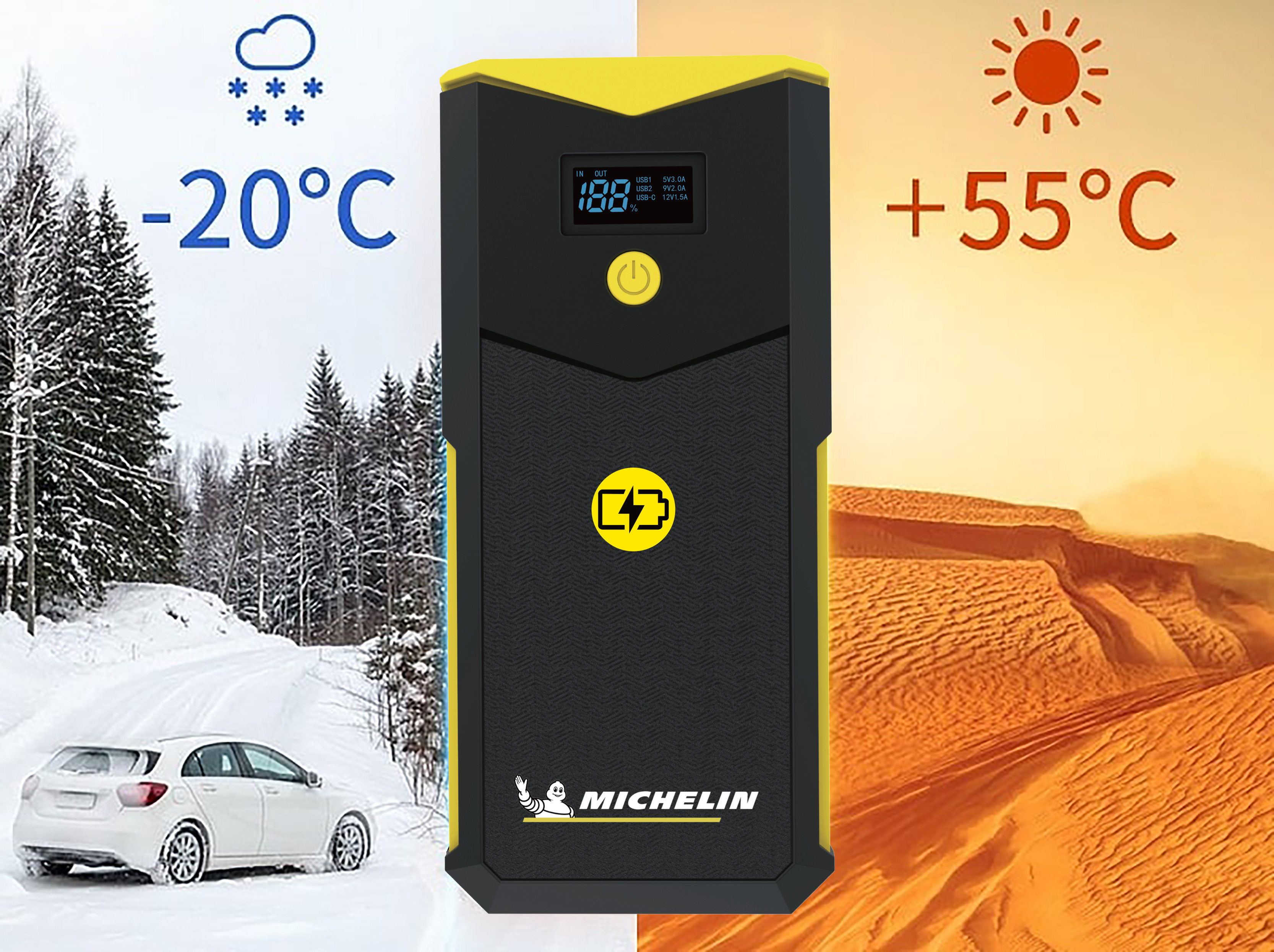 Bộ kích bình ô tô 750A - 1500A chuyên dụng kiêm sạc dự phòng không dây 12000 mAh có đèn pin Michelin 4165M