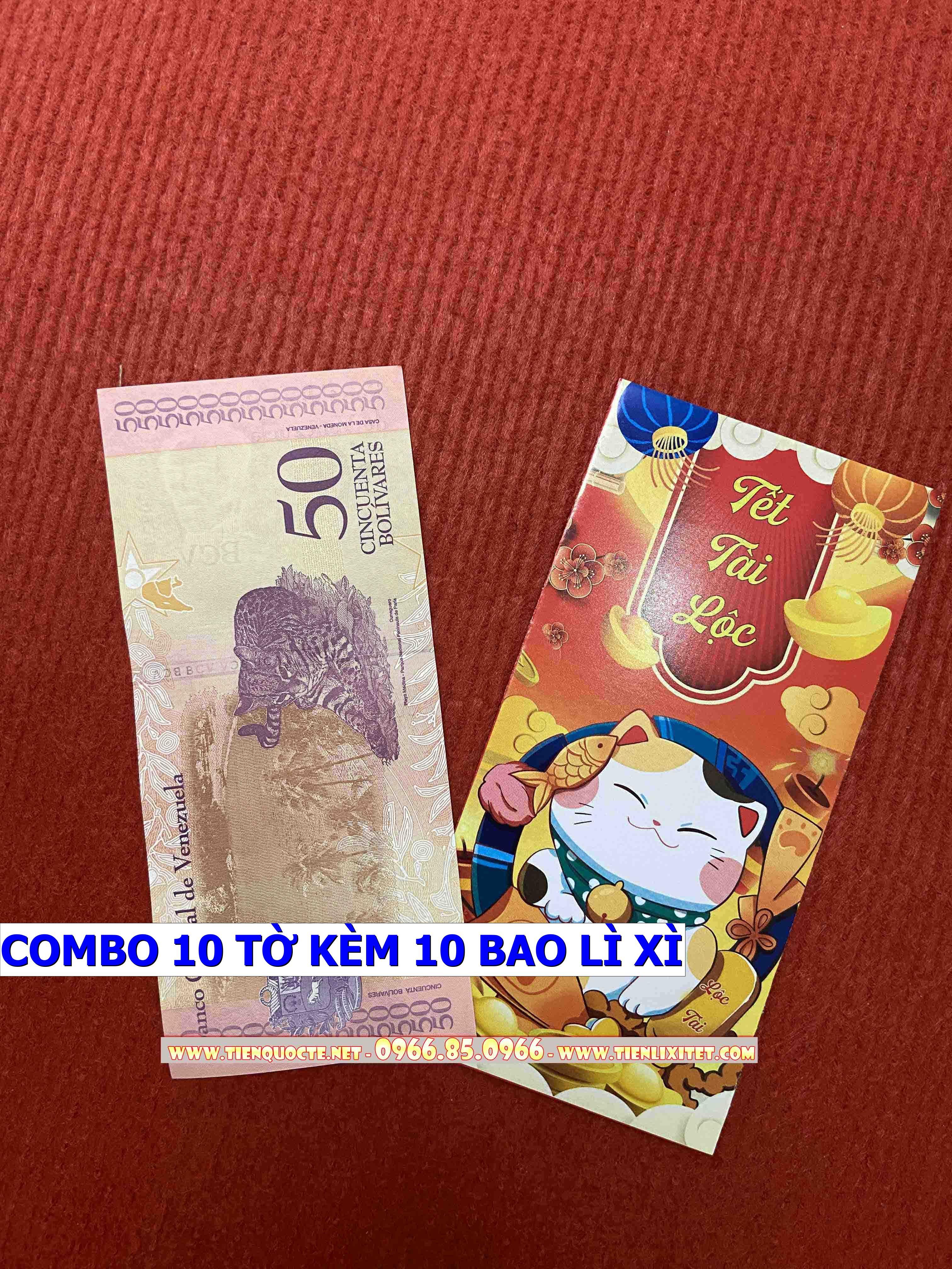 Set 10 tờ Lì xì hình tiền 2023 tấm tiền Venezuelaa hình con mèo 2023, tặng bao đỏ may mắn CPTLGD01857