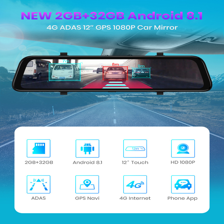 Camera hành trình gương ô tô cao cấp WHEXUNE D50 màn hình 12 inch, 4G, Wifi, GPS -Hàng Chính Hãng