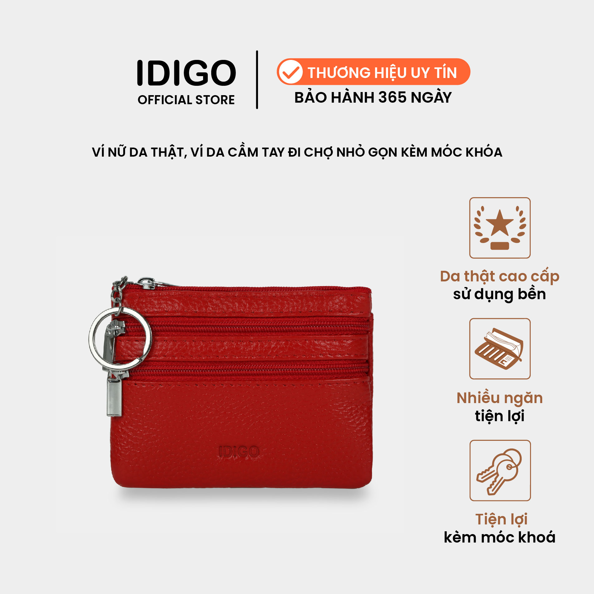Ví nữ đa năng kèm móc khoá, ví da thật cầm tay nhỏ gọn đi chợ IDIGO FW1-102