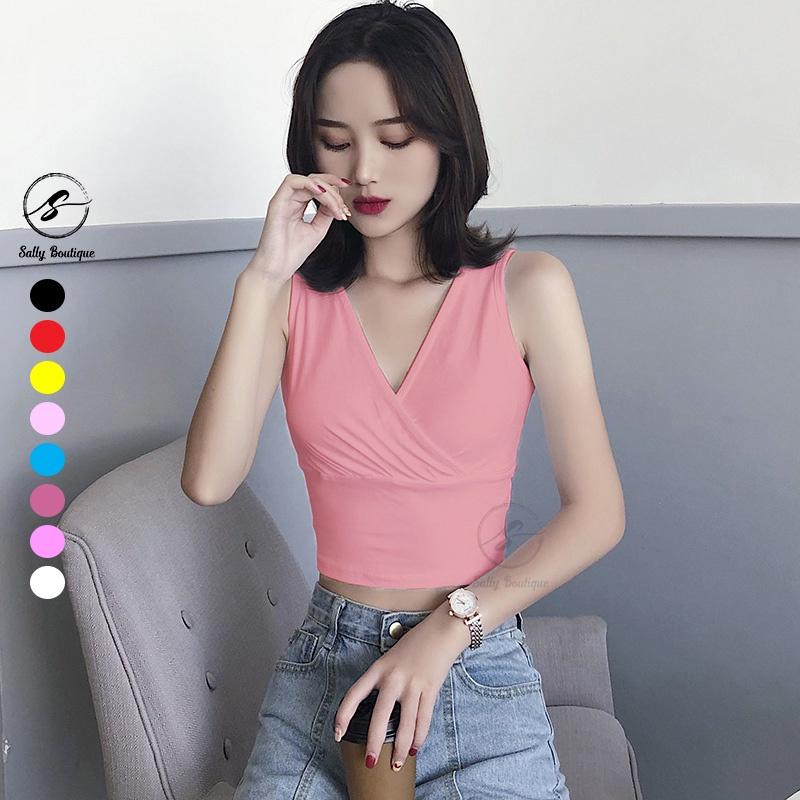 Áo Croptop Sát Nách Cổ Đắp Chéo Quyến Rũ Ôm Body Tôn Dáng Vải Cotton Co Giãn Nhiều Màu Lựa Chọn Sally Boutique-CRT004