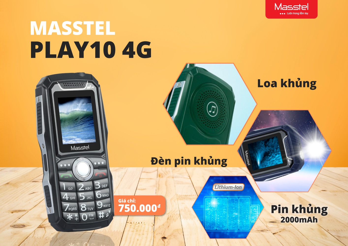 Điện thoại Masstel Play 10 4G Thiết kế hầm hố,Khung viền kim loại - Hàng chính hãng