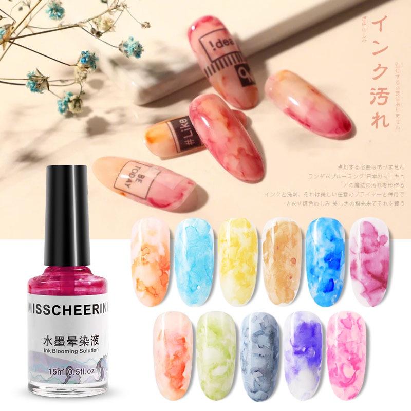 Cồn loang nail Misscheering 15ml , gel loang cồn móng tay trắng đen nhiều màu thời thượng ,sticker loang cồn dán móng