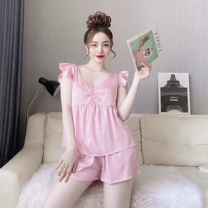 DỄ THƯƠNGSet đồ ngủ nhún nơ tay cánh tiên quần đùi đồ bộ lụa satin cao cấp mặc nhà freesize 58kg