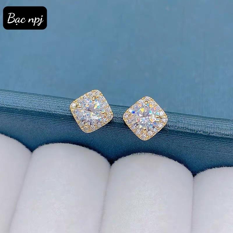 Bông tai đá vuông xinh xắn , hoa tai nữ Bạc Ta - Bạc npj