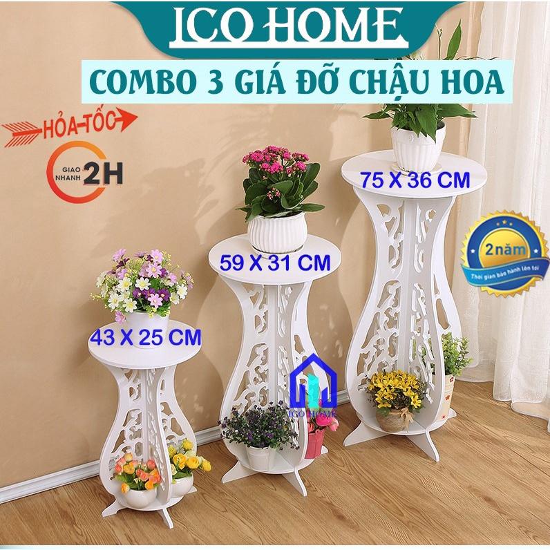 Combo 3 giá đỡ chậu hoa bằng gỗ màu trắng sang trọng kiểu dáng Hàn Quốc - ICO HOME