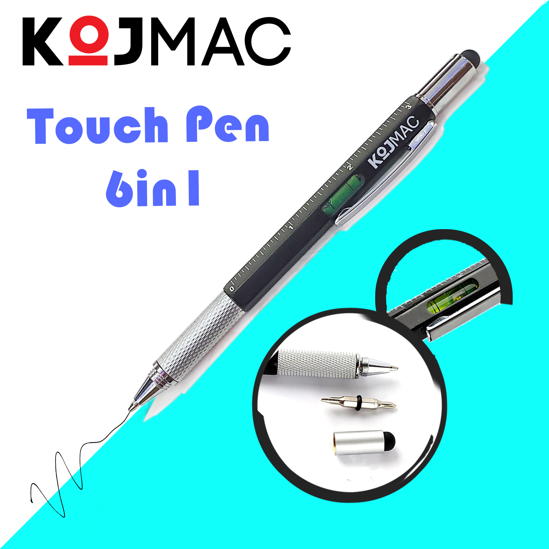 Bút Cảm Ứng Điện Thoại Đa Năng KOJMAC Touch Pen PKA071 6 trong 1 - Hàng Nhập Khẩu ( Tiện Lợi Thông Minh Cao Cấp 6in1 Smart Vẽ Màn Hình Ipad iPhone Tablet Android Phone , Viết được có mực bi, Tua Vít Vặn Ốc 2 Đầu, Thước Kẻ, Thủy Đo Cân Bằng )