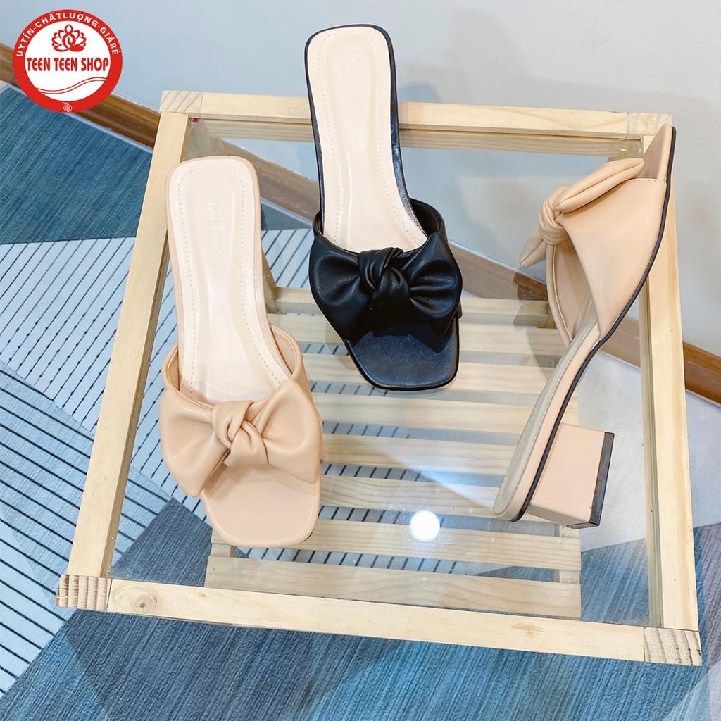 Guốc cao gót nữ 3 phân bền đẹp, dép nữ cao 3 phân đính nơ - SD007