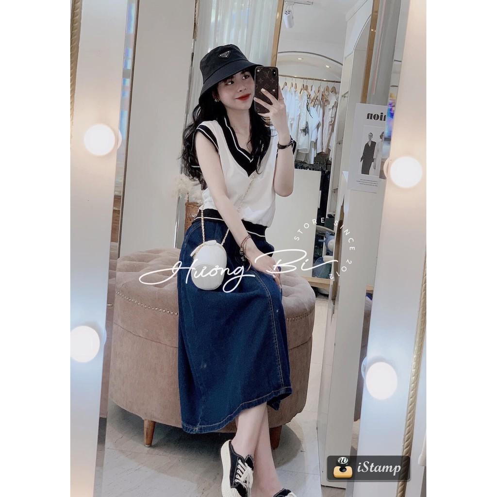 Sét áo ba lỗ phối viền kèm chân váy bò cá tính - áo thun tàu xịn mát Chân váy jean co giãn mềm đẹp - đai khuy xịn xò