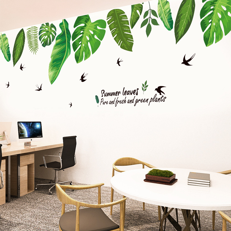 Decal dán tường Lá xanh trang trí trà sữa, cà phê đẹp bền rẻ (150 x 200 cm)