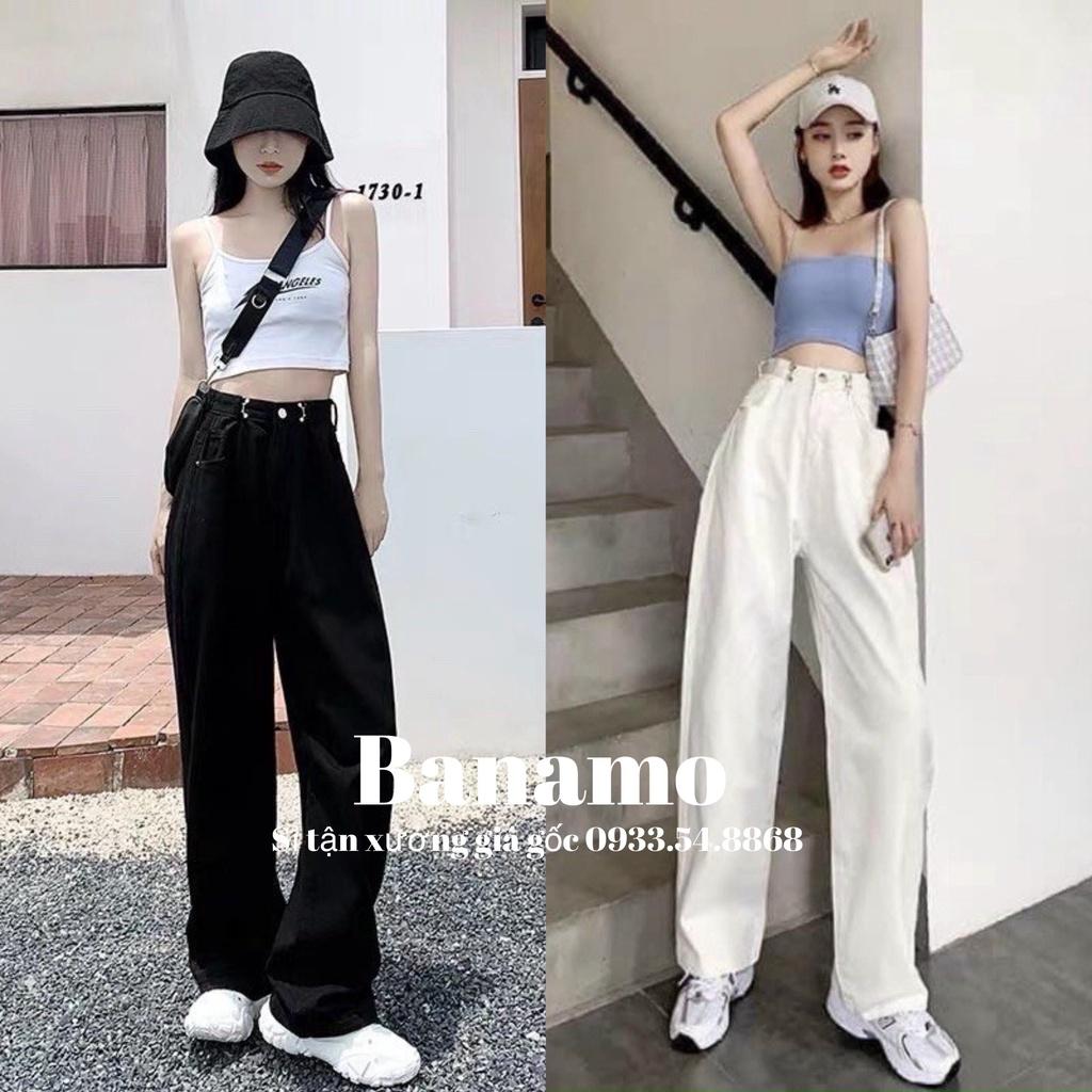 Quần jean nữ ống rộng gài eo cạp cao phong cách Hàn Quốc thời trang Banamo Fashion quần jean nữ cài eo 969