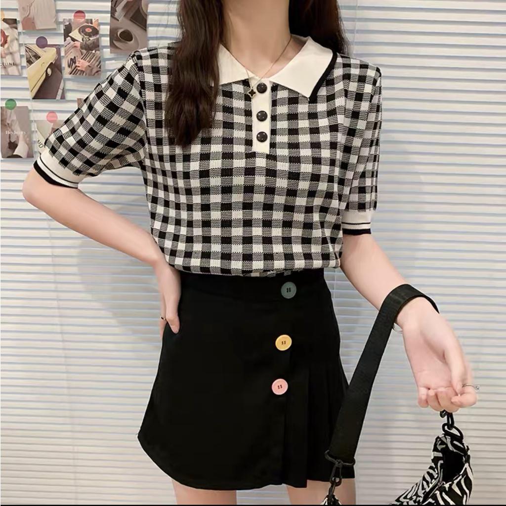 Áo polo caro dệt kim nữ tay ngắn dáng rộng len mongtogi kiểu cổ bẻ phối màu thời trang hàng đẹp Quảng Châu cao cấp
