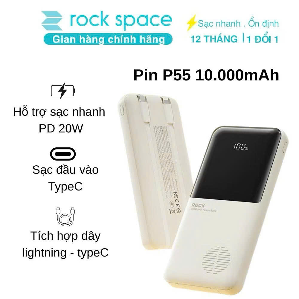 Pin sạc dự phòng Rock P55 Rockspace 10.000mAh tích hợp dây sạc - hàng chính hãng bảo hành 12 tháng