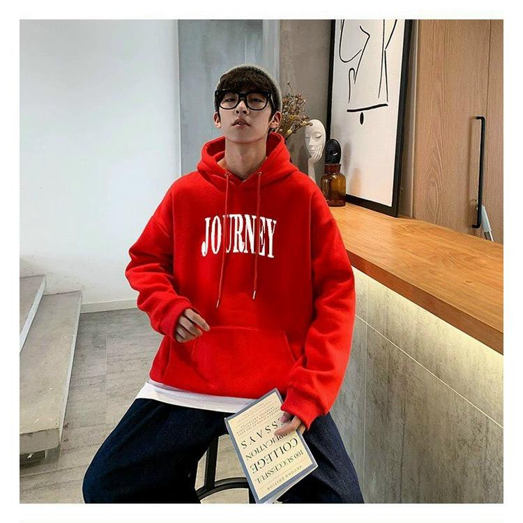 ÁO KHOÁC NỈ HOODIES FORM RỘNG CÓ MŨ HOẠ TIẾT CHỮ JOURNEY MÀU DỎ CỰC ĐẸP , BAO HOT CHO CÁC BẠN TRẺ