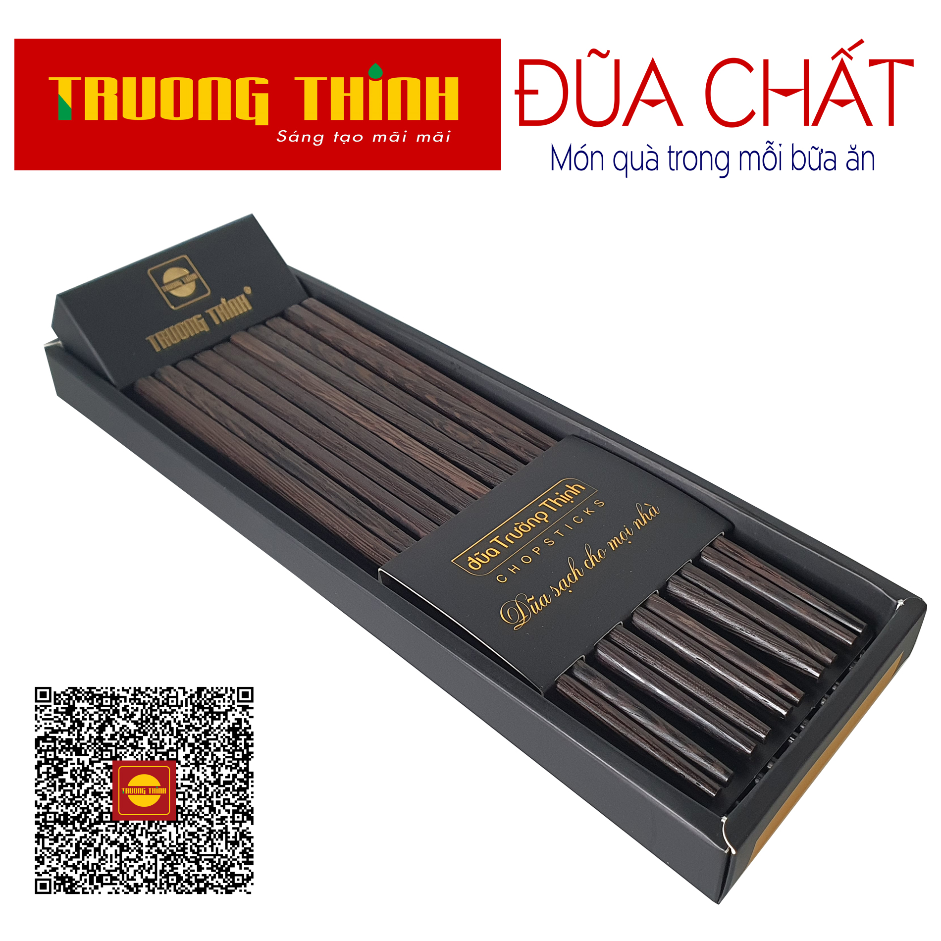 Đũa Gỗ Mun Hoa Đen Cao Cao Cấp Trường Thịnh Loại Đặc Biệt/ Hộp Màu Đen/ 10 Đôi Vuông Trơn