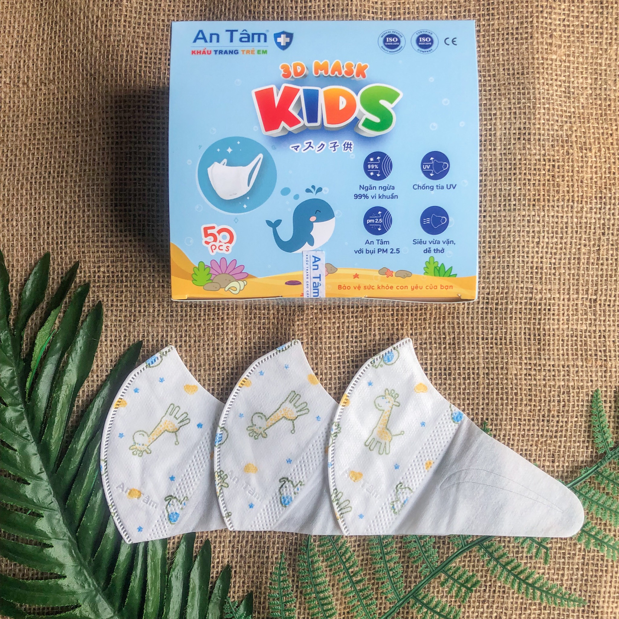 Khẩu trang trẻ em 3d An Tâm 3 lớp kháng khuẩn ngăn bụi kháng khuẩn không đau tai cho bé 2-8 tuổi