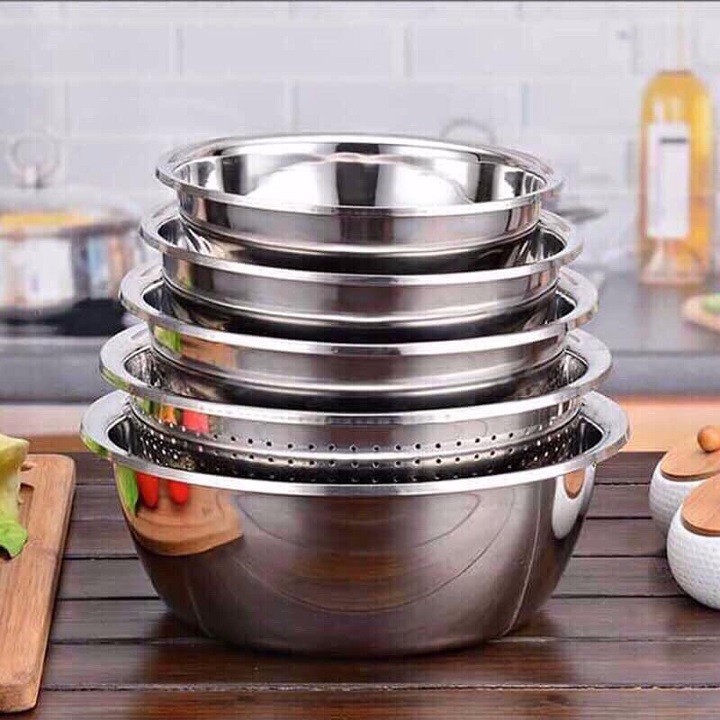 Combo chảo chống dính sâu lòng 18cm và set 4  tô + 1 rổ inox