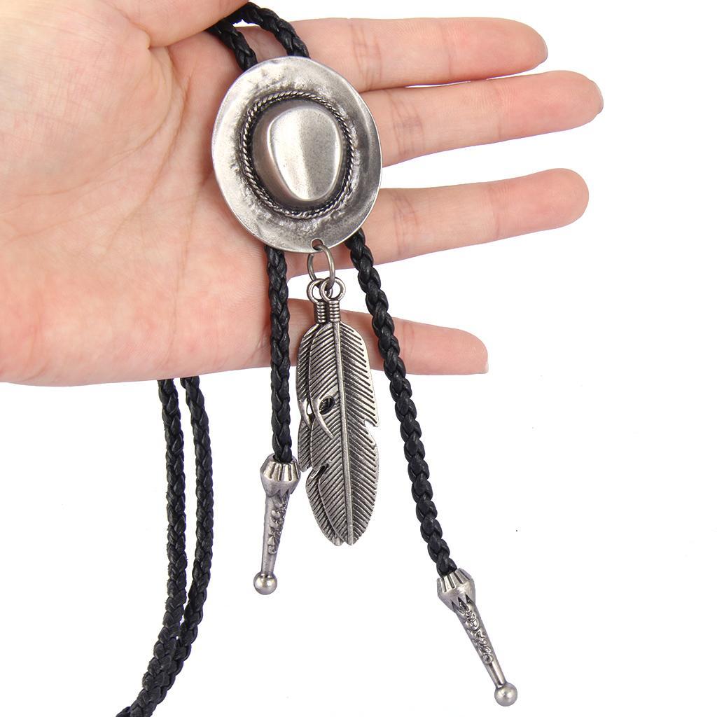 Black PU Leather Western Cowboy Rodeo Bolo Tie Bola Necklace Antique Brass