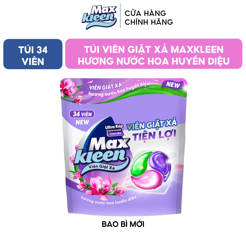 Thùng 8 túi Maxkleen Viên giặt xả Hương Nước Hoa Huyền Diệu Túi 34 viên