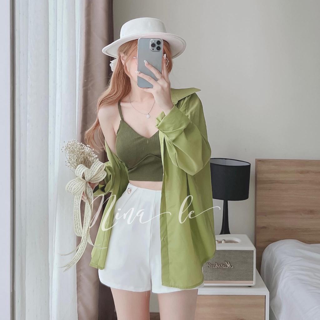 Sét bộ đùi thời trang nữ, khoác sơ mi phối áo 2 dây croptop sang chảnh, trẻ trung cho nàng dạo phố, đi biển