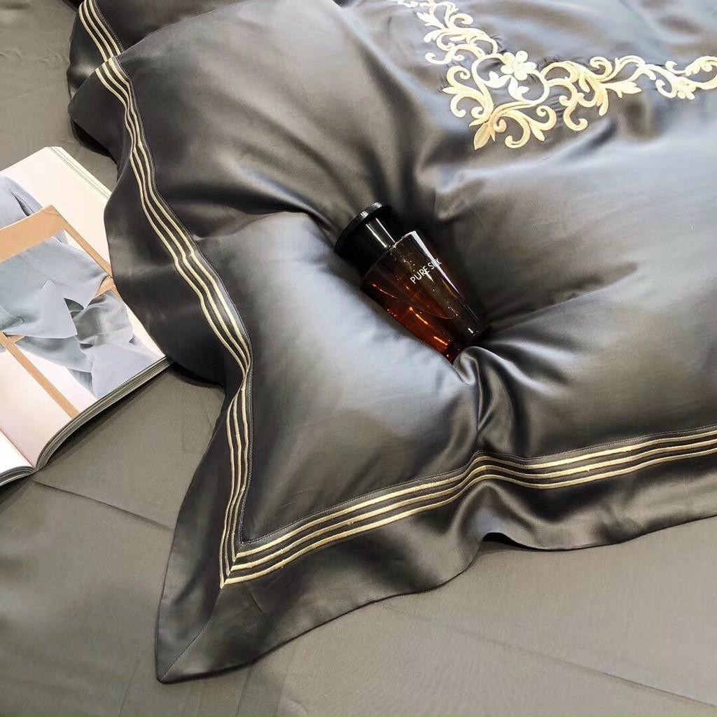 Bộ chăn ga gối cao cấp tencel 100s thêu hoàng gia 4 món ghi đậm