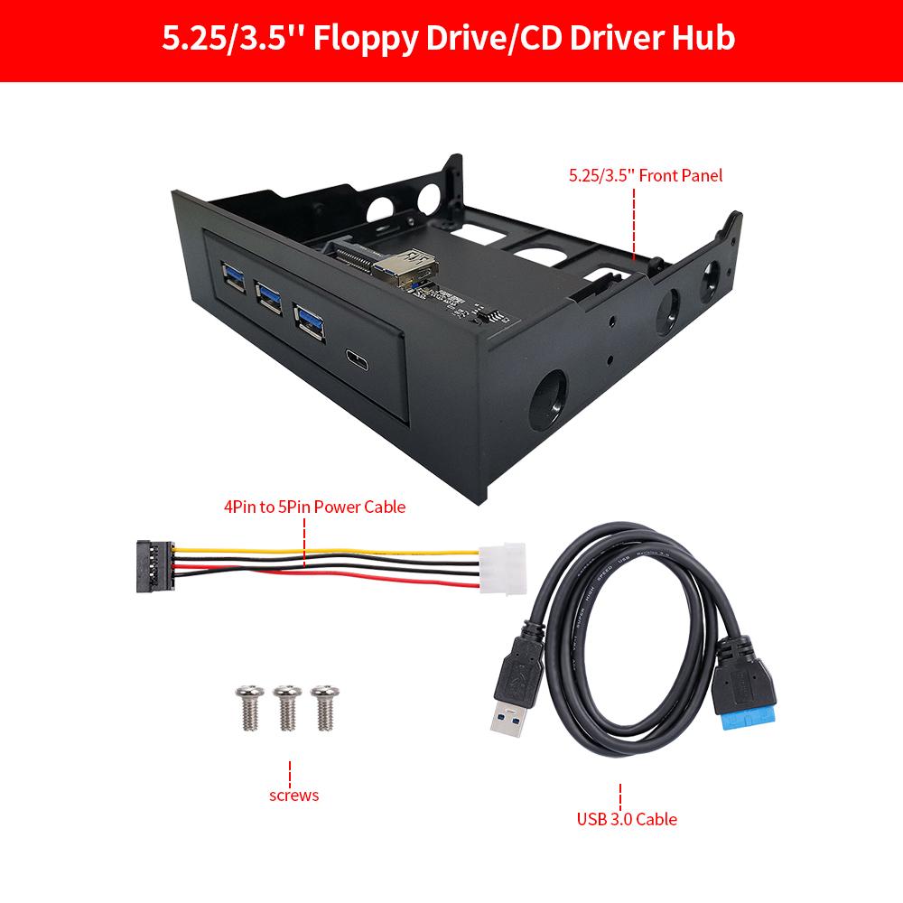 Multifunctional Extended CD Driver Panel 5.25/3.5'' Floppy Front Panel with Type-C Three USB3.0 Ports USB&Power Cable