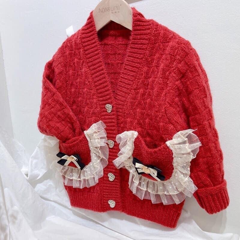 Áo len túi ren cho bé gái hai màu đỏ và be xinh xỉu