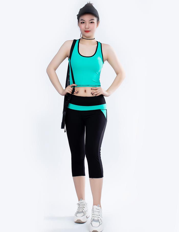 Bộ tập thể thao nữ quần lửng phối lưới áo croptop phối màu