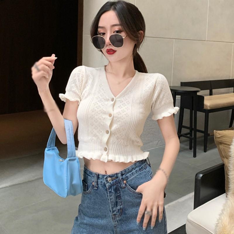 Áo Len Nữ Ngắn Tay Cổ Chữ V Thời Trang