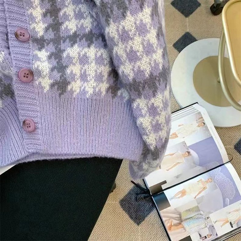 Áo khoác cardigan nữ thiết kế cổ tròn họa tiết xinh xắn vải len dệt kim phong cách Hàn Quốc