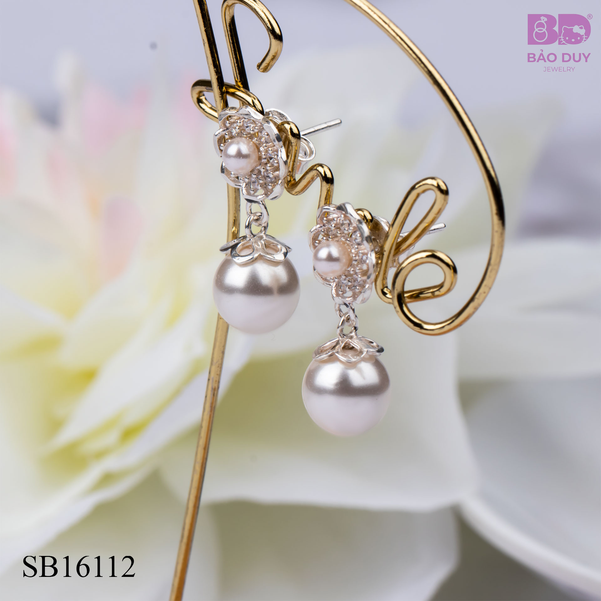 Bông tai bạc nữ hoa đính đá charm châu Bảo Duy Jewelry - SB16112