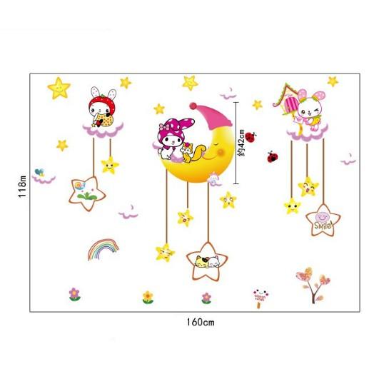 Decal trang trí tường - Thỏ Trắng đáng yêu vui chơi cùng Trăng Sao