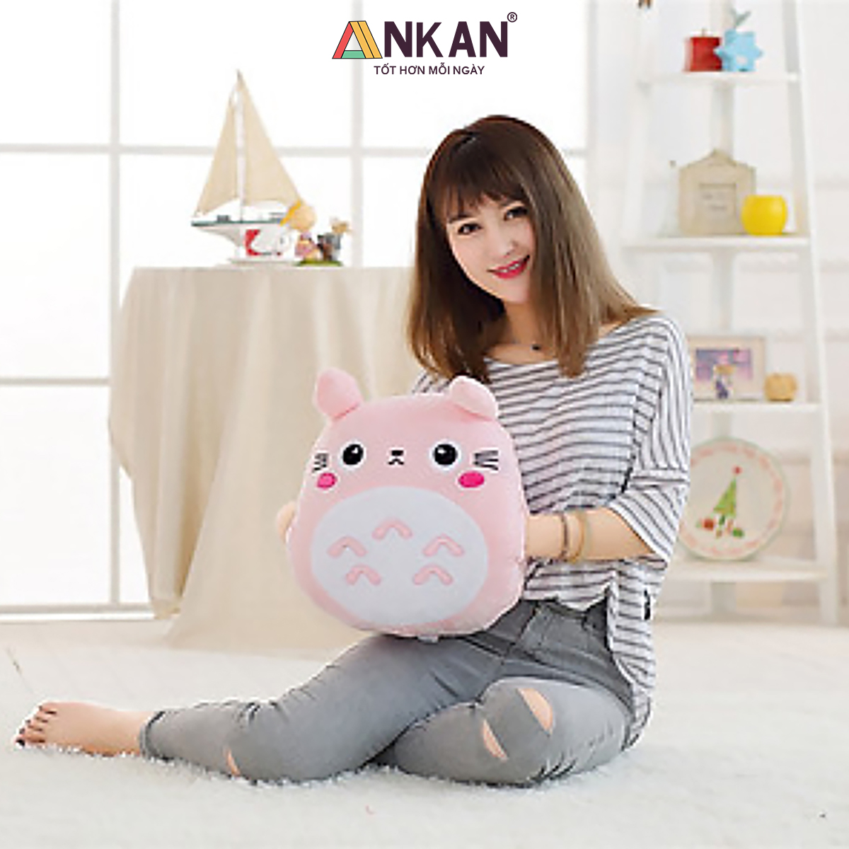 Bộ Chăn Gối Văn Phòng 3 Trong 1 Hình Thỏ Xám Và Thỏ Hồng TOTORO Xinh Đẹp