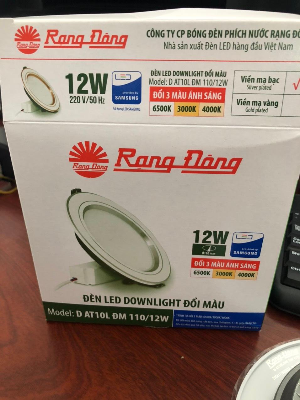 Đèn led âm trần tròn viền bạc- vàng đổi màu 12W rạng đông