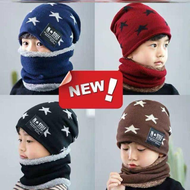 Mũ len ngôi sao kèm khăn ống quàng cổ giữ ấm cho bé trai và bé gái từ 3 - 7 tuổi