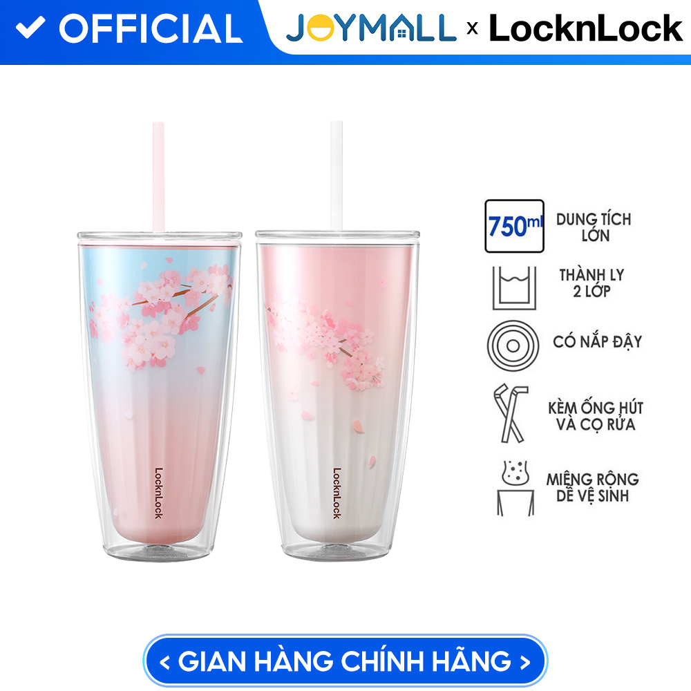 Ly nhựa LocknLock 2 lớp 750ml HAP522 720ml Anh Đào - Hàng chính hãng kèm ống hút, cách nhiệt tốt, miệng rộng - JoyMall