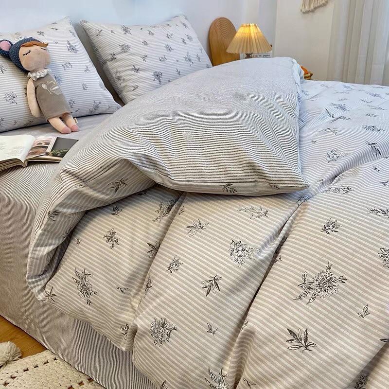Set Chăn Ga Gối Cotton Living 100%cotton Hàng Nhập Khẩu Cao Cấp 4 Món Hoa Nhí Trắng Vintage