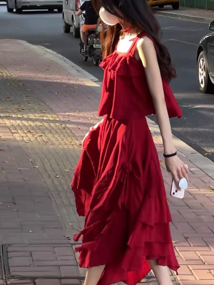 SHUANGYAN Màu đỏ phục cổ phong cách phương Tây mối tình đầu ngọt ngào xinh đẹp áo khoác da mùa hè váy cưới bờ biển chụp ảnh du lịch bãi biển váy